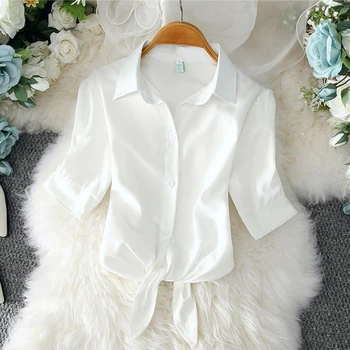 2023 Fashion Solid Color White Women Shirt Casual Blouses Autumn Half Sleeve Elegant Office Lady Tops 19870 1