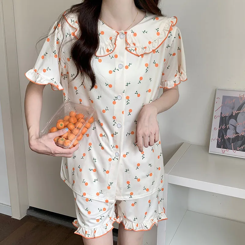 2024 Summer New Pajamas Ladies Knit Cotton Printed Short Sleeve Thin Shorts Casual Cute Girls Sweet Lapel Homewear 2 Piece Set