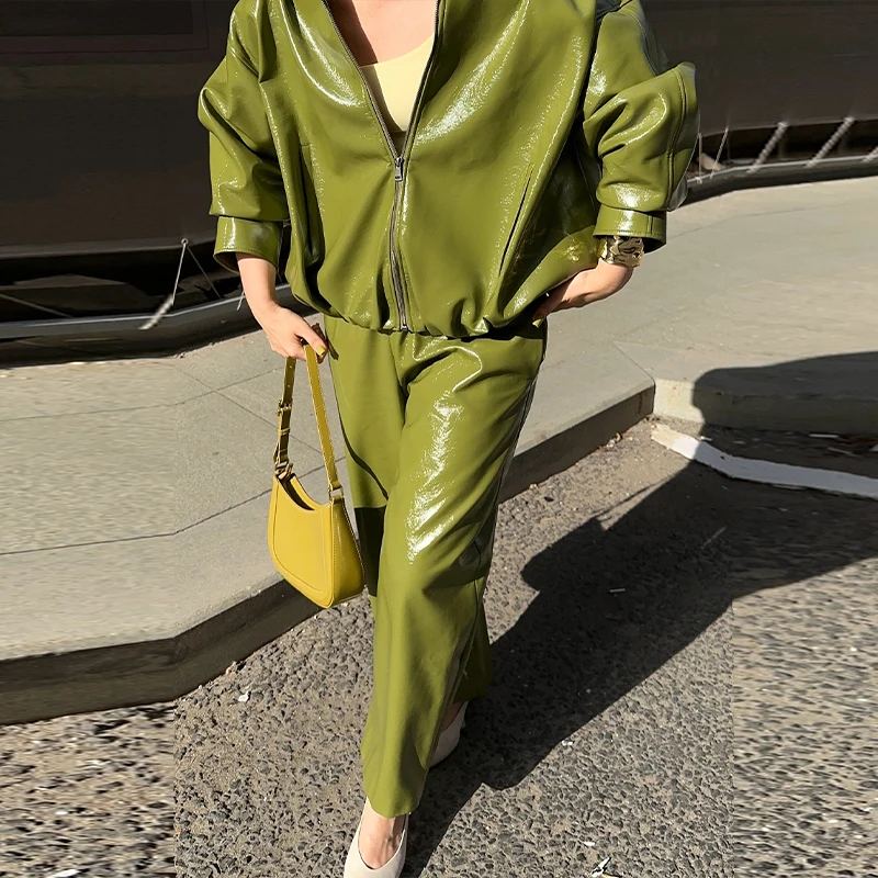 Street Zipper Leather Jackets Skirts Sets Women Loose Stand Collar Full Sleeve Coat Straight Skirt 2025 Autumn Winter Lady Suit S8804ed86707f472397fdb7e013d23881o