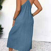 2025 New Arrival - Elegant Blue Sleeveless V-Neck Dress with Ring Detail, Lightweight Stretch Fabric, Perfect for Spring/Summer, - Image 4