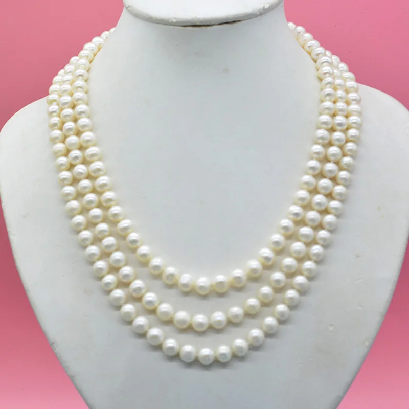

Ожерелье из натурального пресноводного жемчуга ААА, 3 ряда, 8 мм, самые классические свадебные украшения для невесты 18-21 дюймов