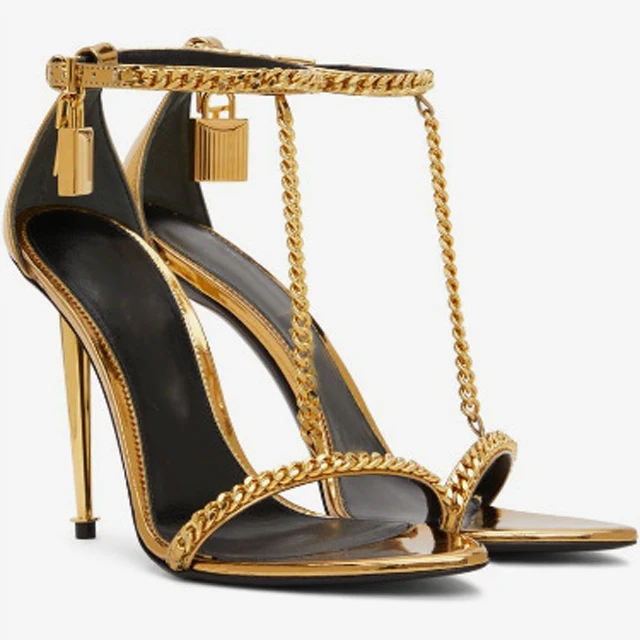 

Gold Chains T- Strap Metal padlock Key Sandals metallic high heels Open Toe All-Match Shoes woman Cutout banquet shoes