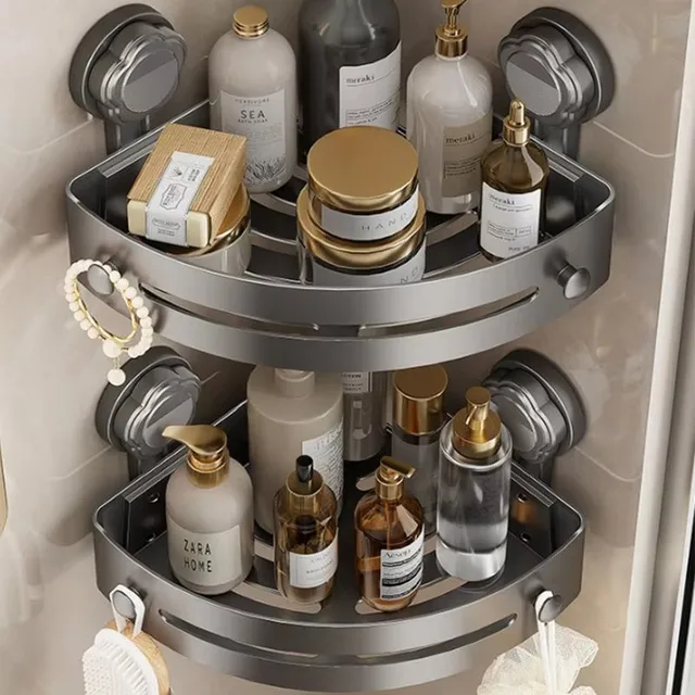 ชั้นวางของในห้องน้ำแบบติดผนังด้วยถ้วยดูดสุญญากาศ ไม่ต้องเจาะรู รูปทรงสามเหลี่ยม สำหรับเก็บของในห้องน้ำ มุมห้องน้ำ ผ้าเช็ดตัว เจลอาบน้ำ 1