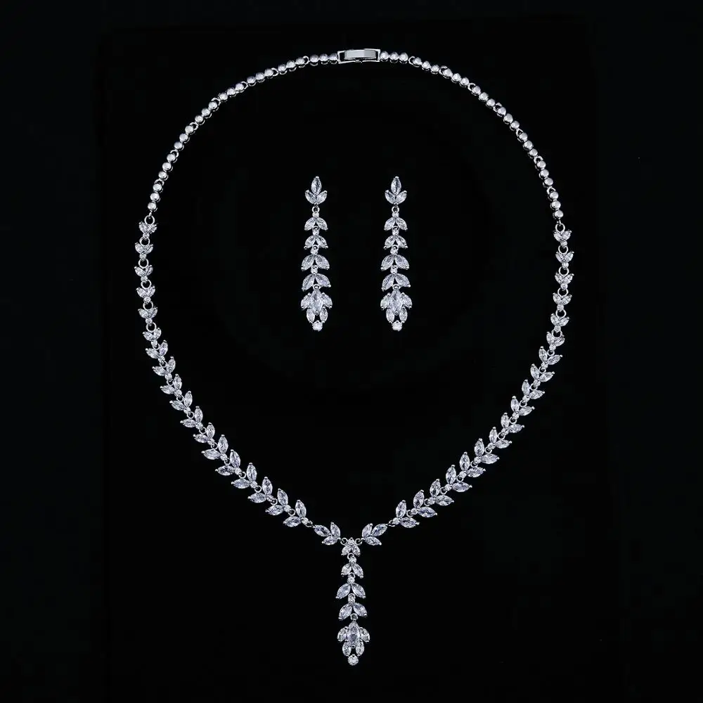 Full 5A Cubic Zirconia Wheat Design Bridal Wedding Necklace Earring Set Top Quality Women Prom Party Jewelry Sets CN10145