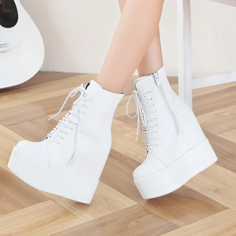 Botines de cuña con suela de goma para mujer, botas de plataforma con  cordones, tacones de plataforma de 13Cm, con cremallera de cuero a la moda,  color blanco y negro, otoño|Botas hasta