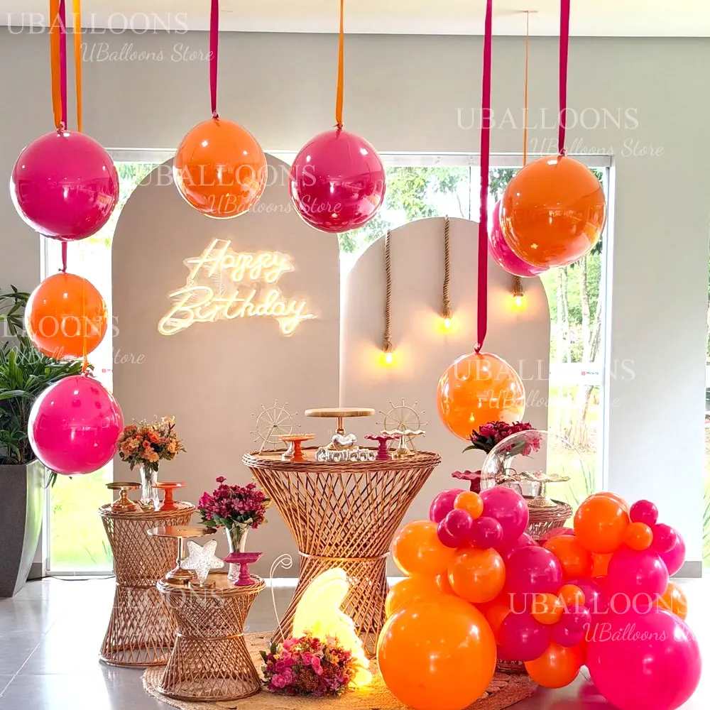 Vibrant Orange and Hot Pink Balloons with Satin Ribbon Bows - Set of 10 for Celebrations and Decor