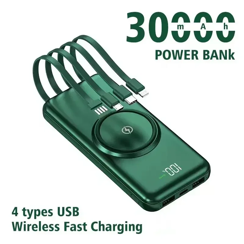 

Wireless Power Bank Portable 30000mAh Charger Fast Charging Digital Display External Battery Pack Built in Cables for iphone mi