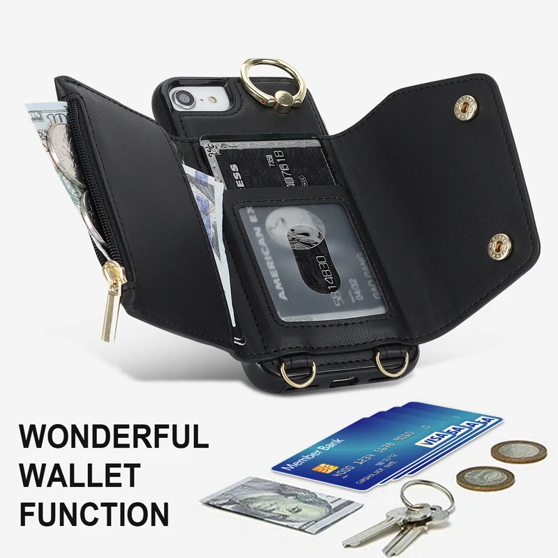 ELVEV Soft PU Leather Zipper Wallet Phone Case with Card Holder, Shockproof Durable Shell and Strap