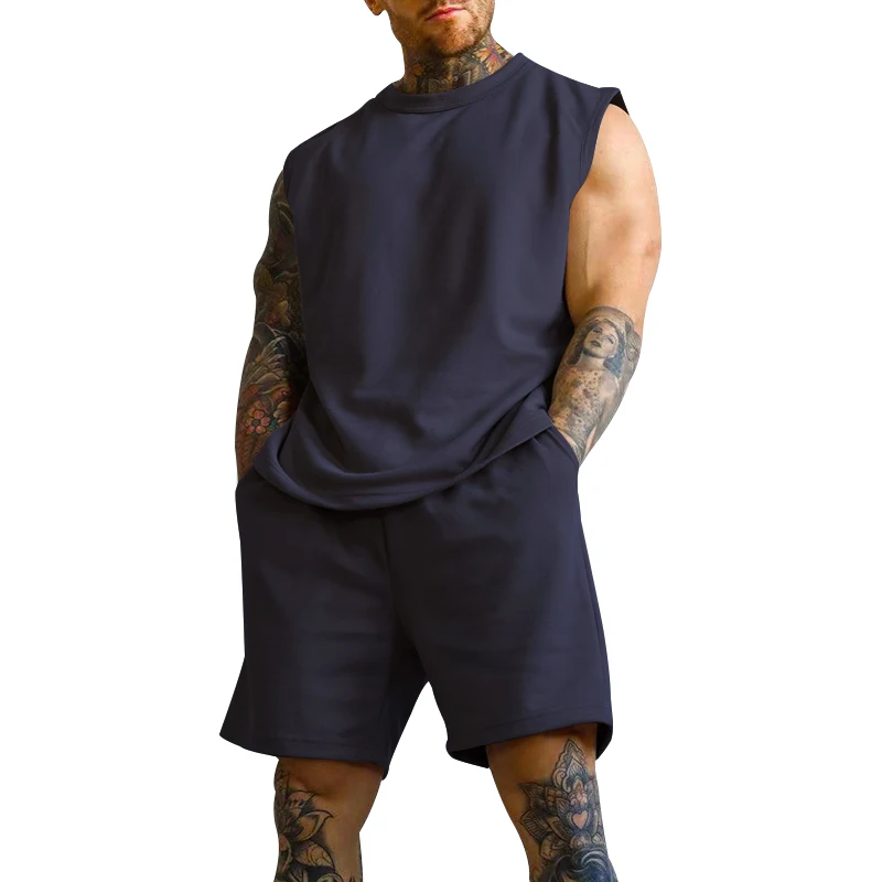 Summer Leisure Sports Suit Men's Thin Breathable Comfortable Crew Neck Sleeveless Vest Shorts Two-piece Fitness Training Wear
