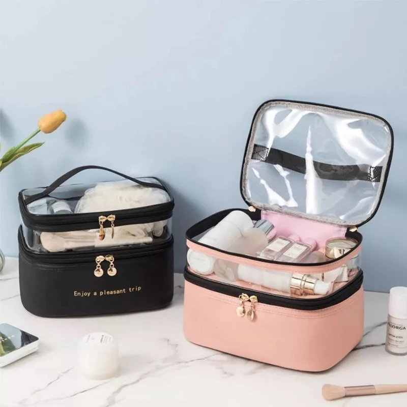 Double Layer Portable Cosmetic Bag Large Capacity Multifunctional Handbag Travel Holiday Washing Bag Makeup Bag Storage Supplies
