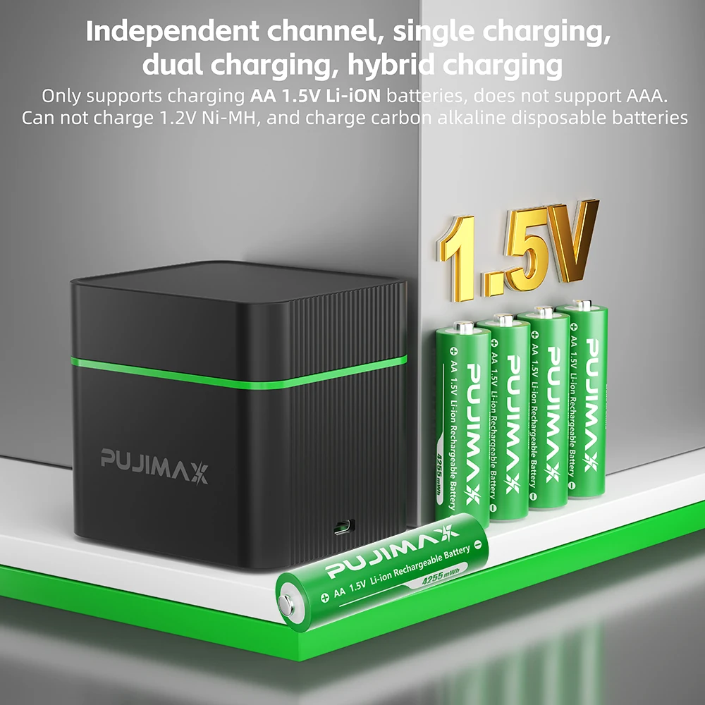 PUJIMAX 4/8/12 Slot AA 4255mWh Smart Charging Compartment   1.5V Lithium Battery Rechargeable Charger Set Large Capacity 1
