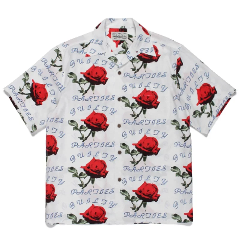 24SS Spring Summer Rose Hawaiian Short Sleeve Men Women Casual Summer Tee High Quality WACKO MARIA Shirt
