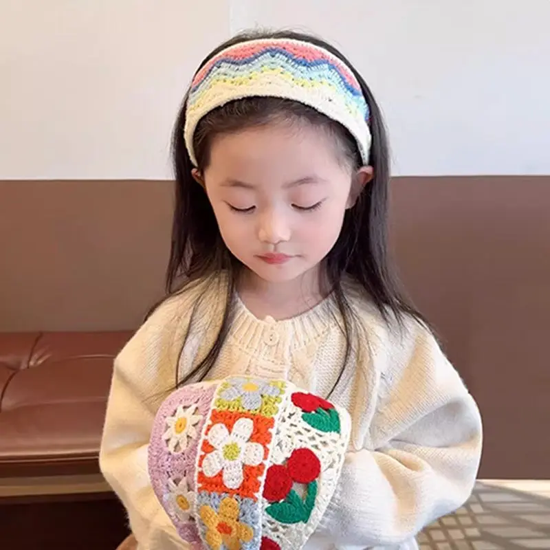 Sweet Flower Embroidery Kids Hair Hoops Colorful Knit Woolen Autumn Winter Wide Hairband for Girl Headwear hair bands hair accessories hair headband accessories