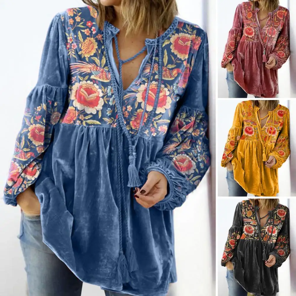 

Women Top V Neck Retro Flower Long Sleeve Loose Drawstring Pullover Pleated Mid Length Streetwear Casual Lady Fall Sprin Blouse