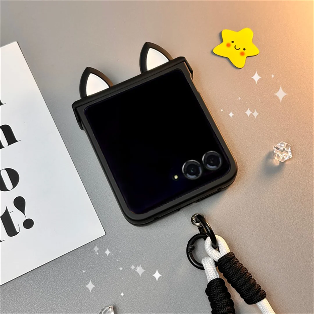 Korean Cute Cat Ears Black Portable Rope Phone Case