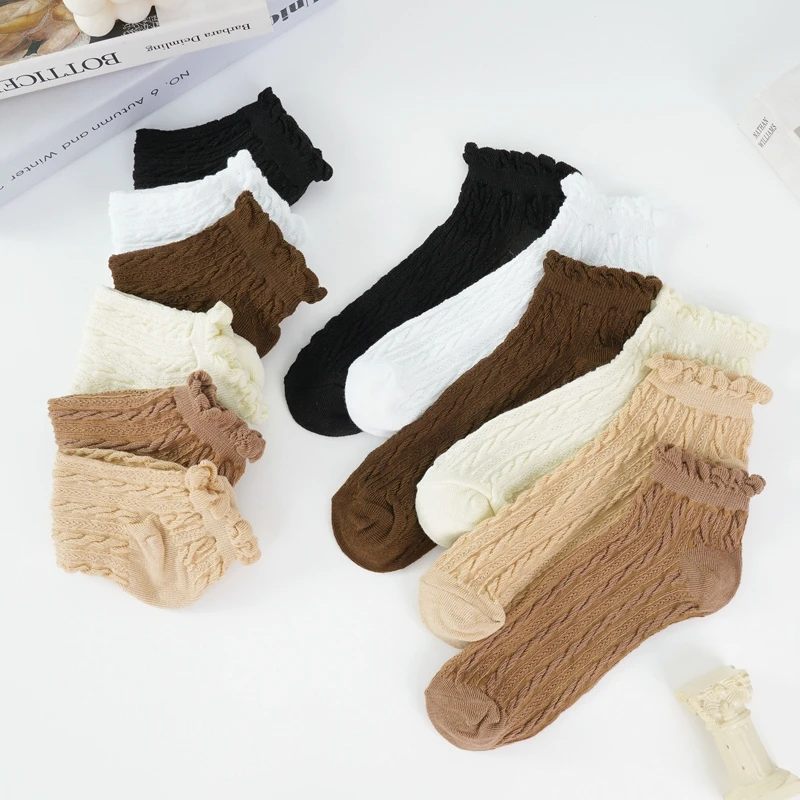 

4 Pairs Womens Japanese Solid Lolita Three Dimensional Printing Socks Girls Vintage Twist Korean Cute Breathable Ankle Socks