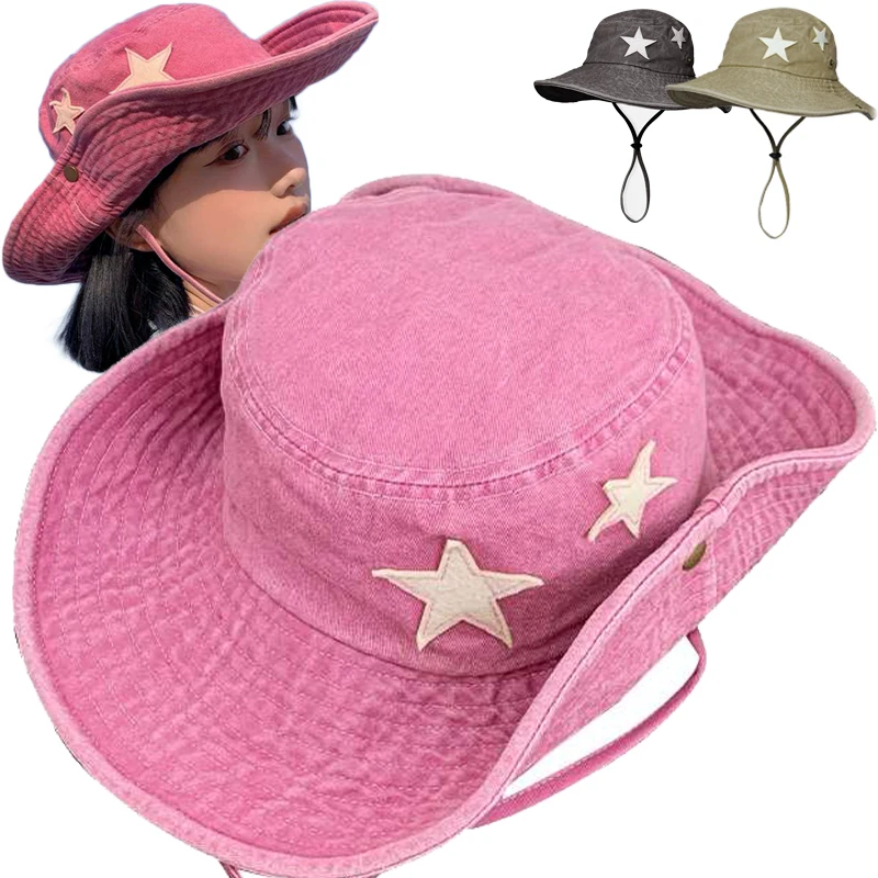 Hot Sale Punk Stars Bucket New Summer Y2K Star Pink Retro Big Brim Outdoors Sun Protection Girl Cowboy Hat Casual Jazz Cap_senzul.com