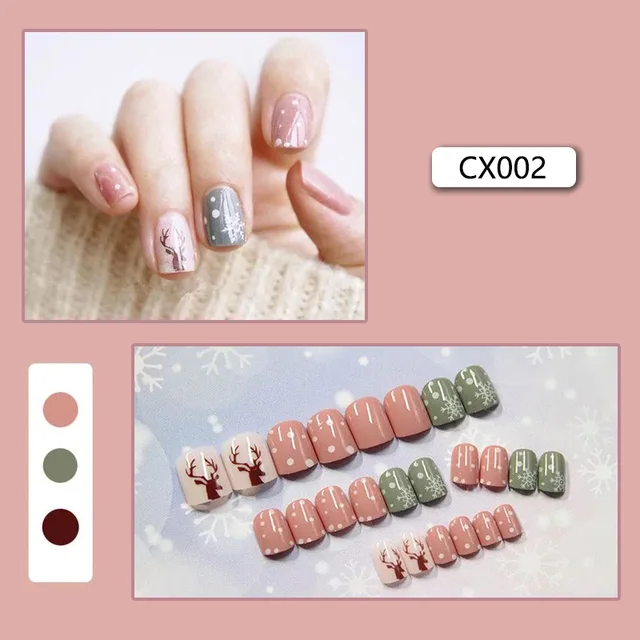 24pcs/box Fake Nails Press on Short Reusable with Designs Set French Artificial Pink False Tipsy Stick-on Nails Tips Art CX002