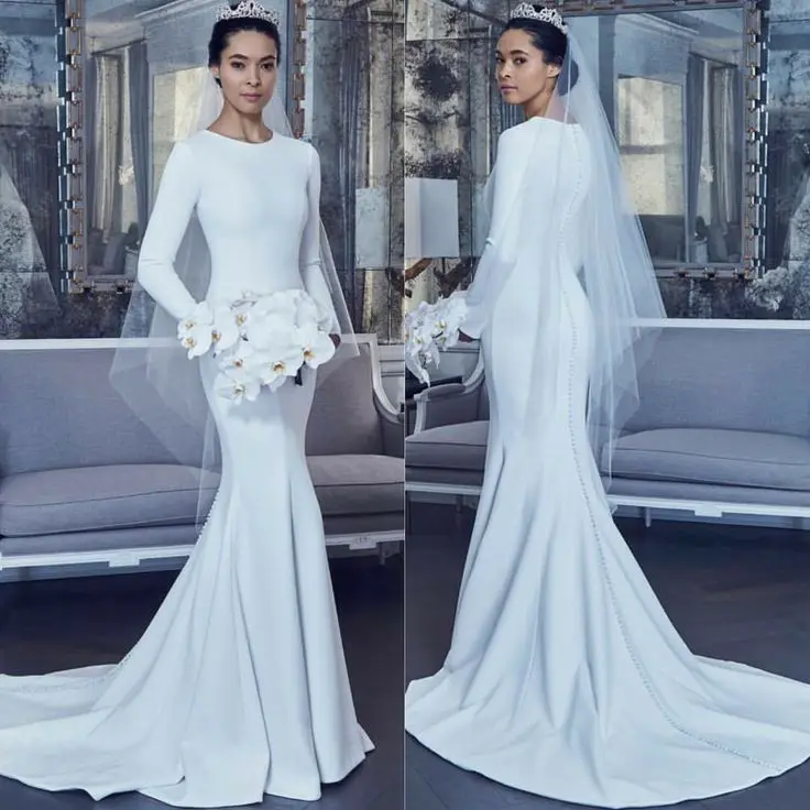 

t O-Neck Long Sleeve Satin Wedding Dresses Pleated White Sweep Train Mermaid Bridal For Women Customize To Measures Stunning