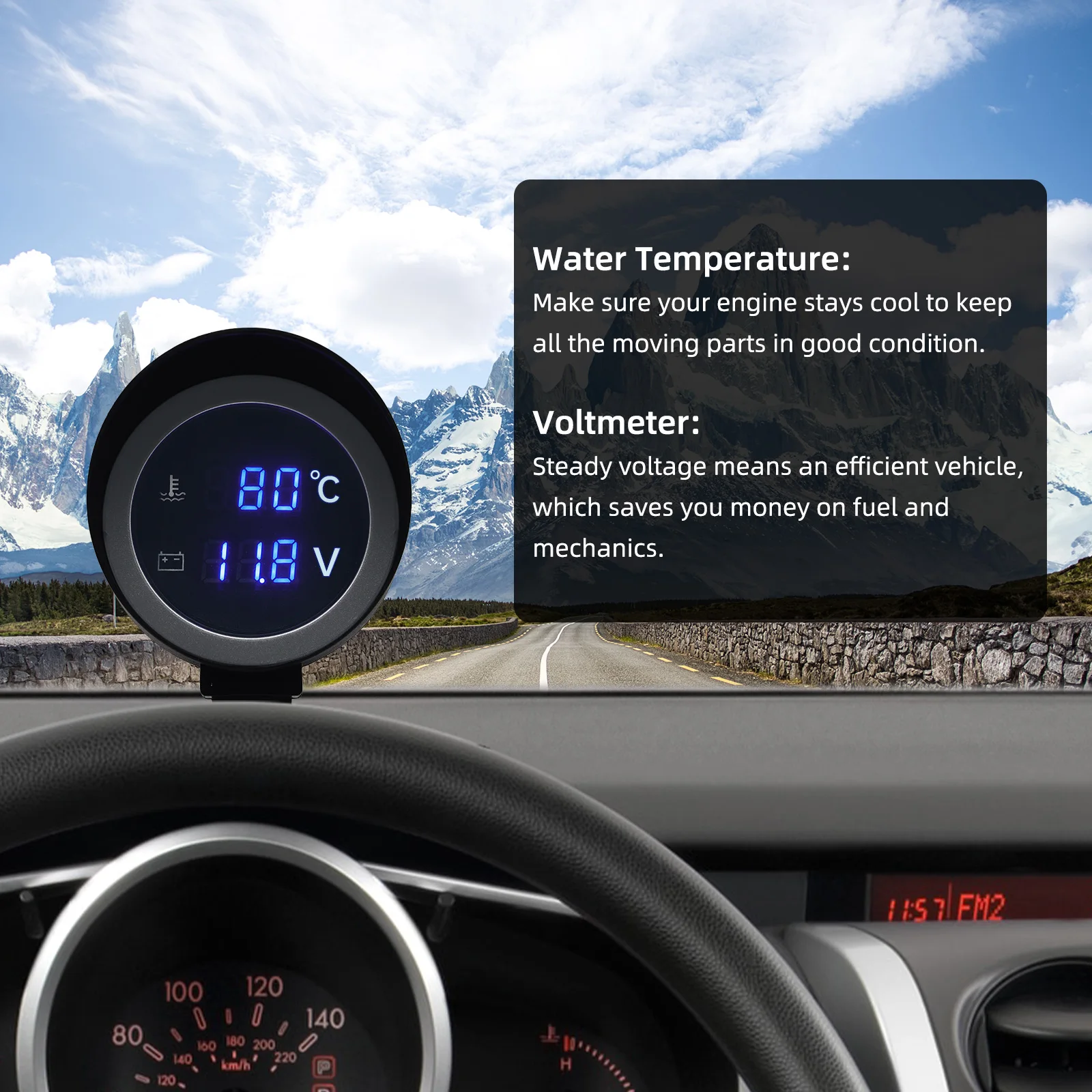 Display Digitale 2in1 Per Auto - Temperatura Acqua E Voltmetro, Schermo Blu, 12V/24V
