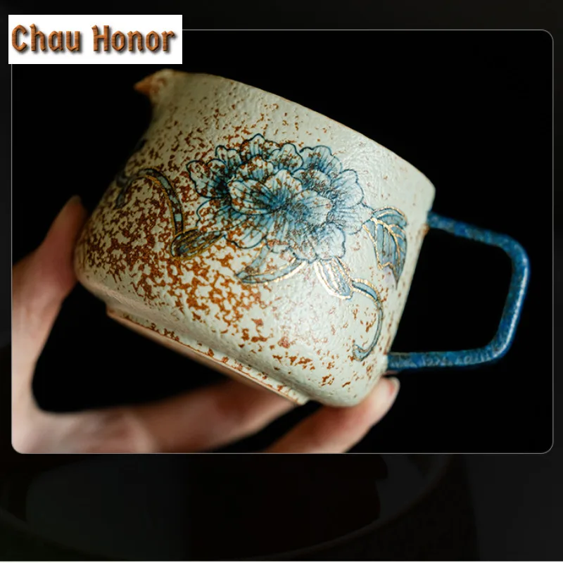250ml Blue And White Flint Red Tea Pitcher Gold Drawing Peony Flower Cha Hai Dispenser Justice Cup Fair Mug Teaware Supplies