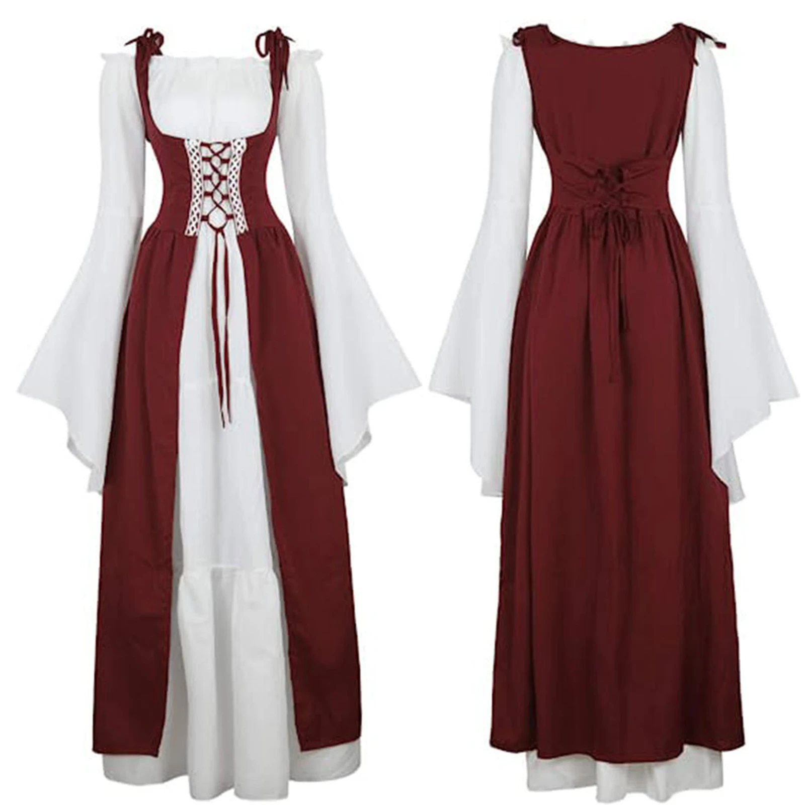 thumbnail image 1 of Vestido medieval retro con escote cuadrado y cintura acampanada, vestido renacentista de la Edad Media, traje europeo para fiesta de carnaval y Halloween, 1 of 5