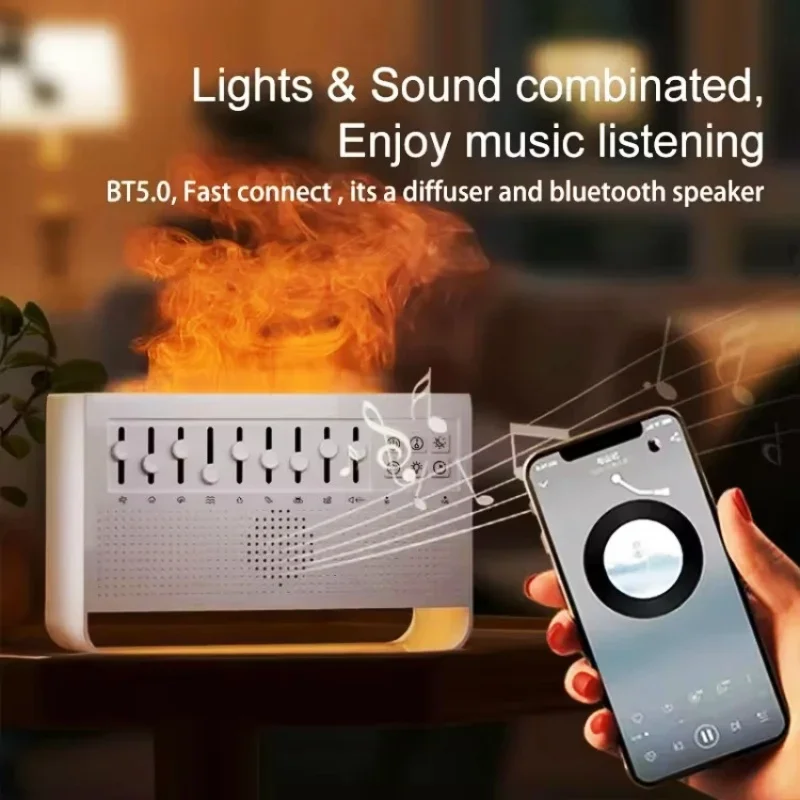 Multifunction 3D Simulation Flame Fragrance Air Humidifier White Noise Sleep Music Speakers Essential Oil Flame Aroma Diffuser
