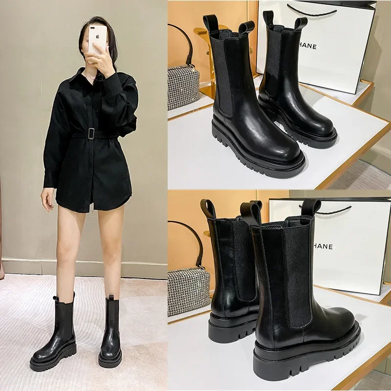 

New fall and winter thick-soled heightening mid-calf stretch fashion round toe Martin boots 4985