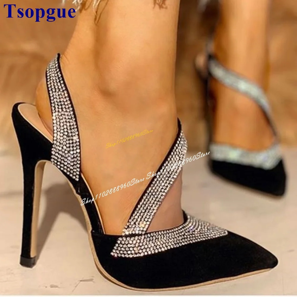 

Slingback Black Flock Crystal Strap Sandals Thin High Heel Women Shoes Back Strap Pointed Toe 2024 Fashion Zapatos Para Mujere