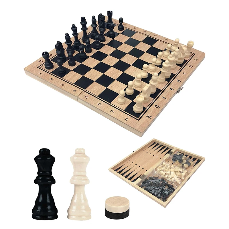 Three-in-one Wooden Chess Set Foldable Portable Chessboard Puzzle Toy