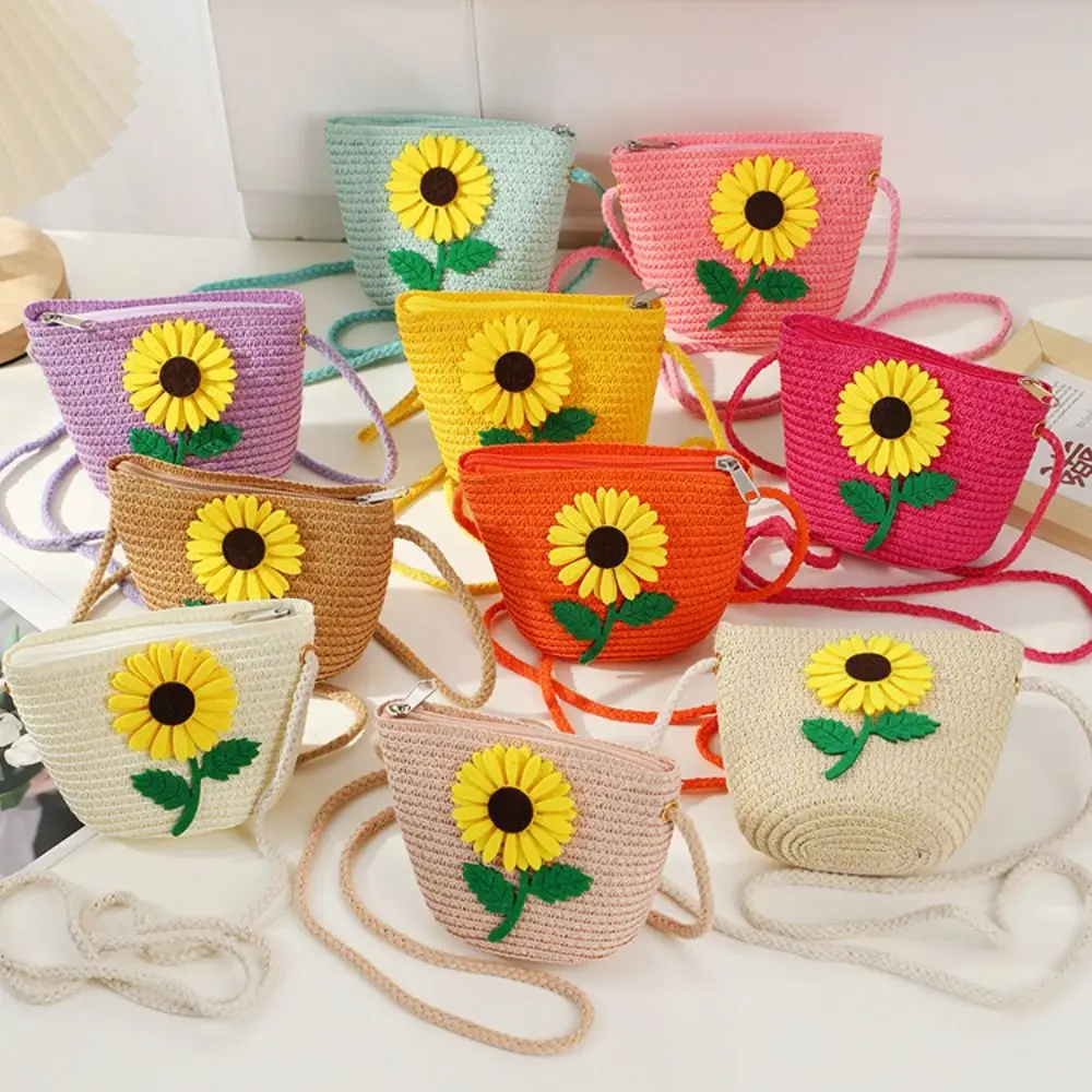 New Straw Crossbody Bag Flower Small Shoulder Bag Coin Purse Girls Kids