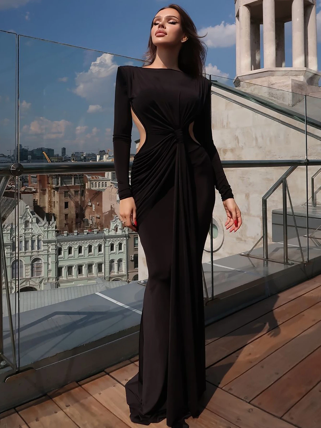 Dulzura-エレガントな長袖マキシドレス,セクシーな背中の開いたドレス