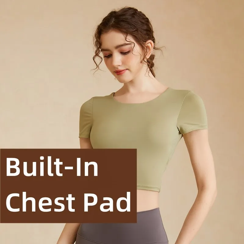 Women Breathable Gym Fitness Yoga Shirts Sport Crop Top Sexy Hollow Back Short Sleeve Slim Soft Training Workout Shirts With Pad