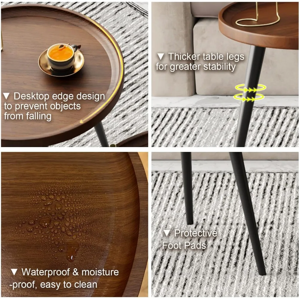 2-Piece Round Walnut Coffee Table Set, Mid-Century Modern Nesting Tables for Living Room, Sofa & Bedside 5