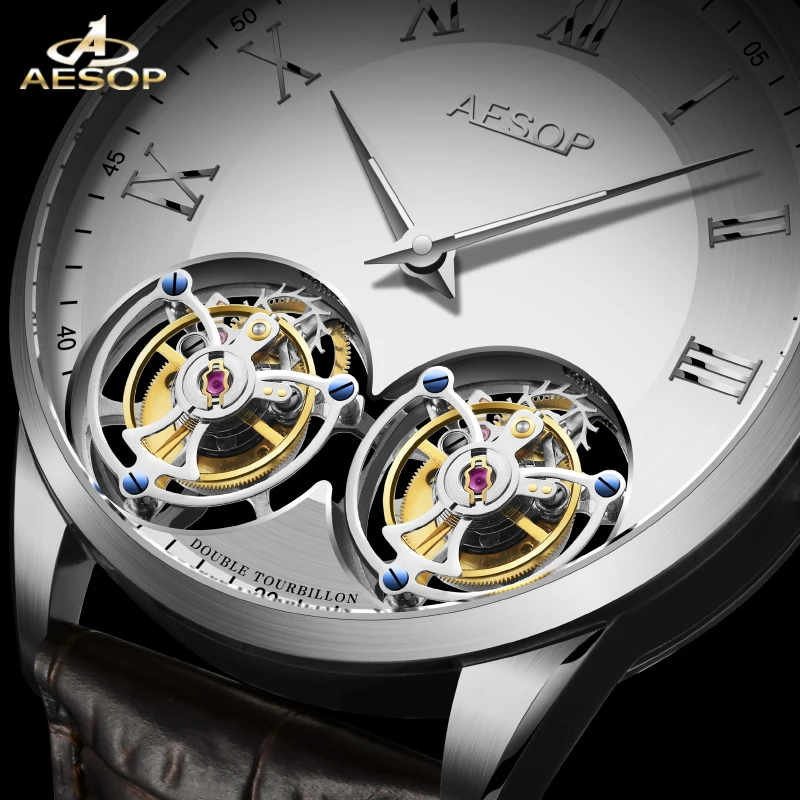 Aesop Men's Double Tourbillon Watch Hand Winding Movement Sapphire Business Fashion Male Mechanical Wristwatches Waterproof