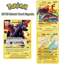 

3pcs Spanish Pokemon Letters Metal Cards Pokémon GX SP Pikachu Charizard Collection Gold Card V VMAX Original Game Kids Toy Gift