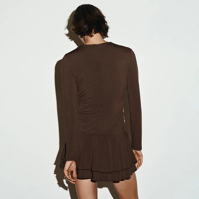 Women's Spring and Autumn New Deep V-Neck Dress Fashion Solid Color Shrinking Pleated Waist Double-layer Pleated Short Skirt