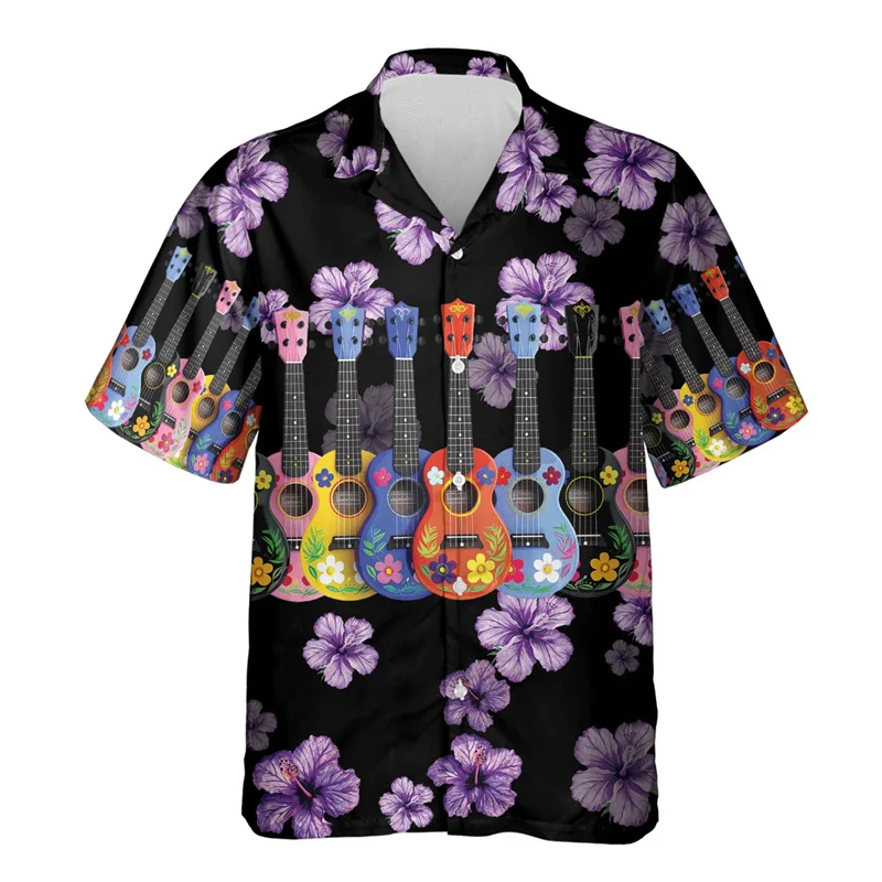 thumbnail image 1 of Camisa hawaiana con estampado 3D de ukelele para hombre, camisas hawaianas con patrón de instrumento musical, blusas holgadas de verano, blusas con solapa de calle, 1 of 4