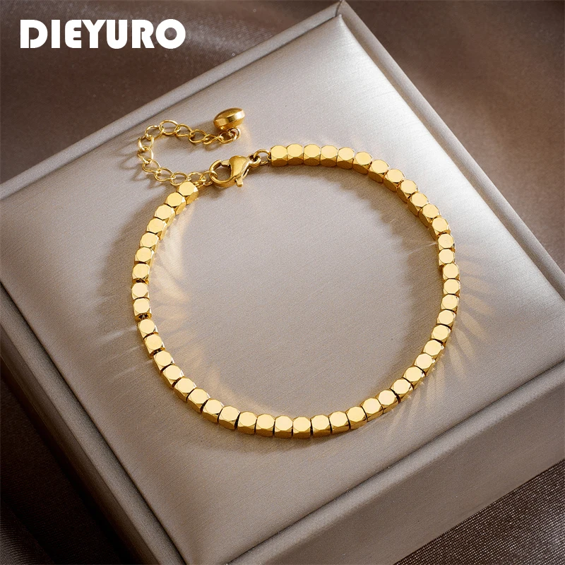 DIEYURO316LStainlessSteelGoldColorCubeChainBraceletForWomen