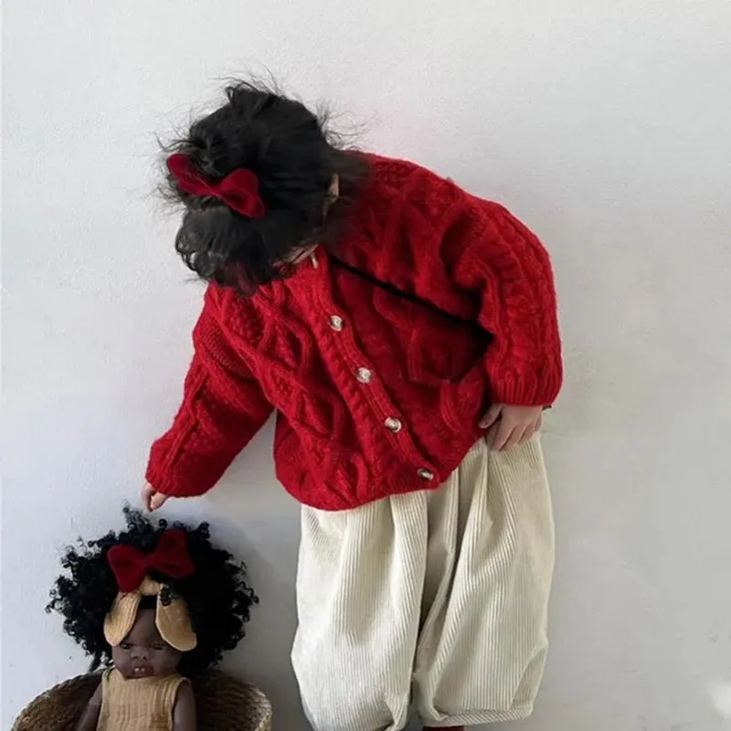 여아용 2025 니트 가디건, 남아용 라운드넥, 아동용 레드 베이비 단색, 서양식 니트 코트, 가을 겨울