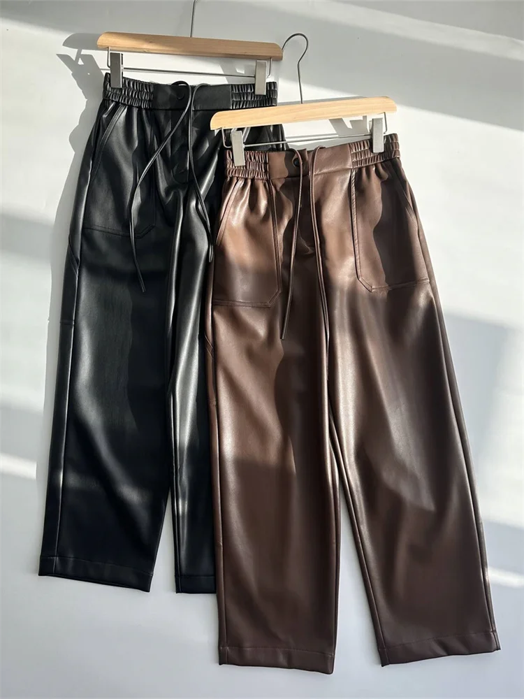 

Women Drawstring Elastic Waist Pu Leather Pants Autumn 2023 New Ladies All-Match Solid Color Straight Cool Trousers