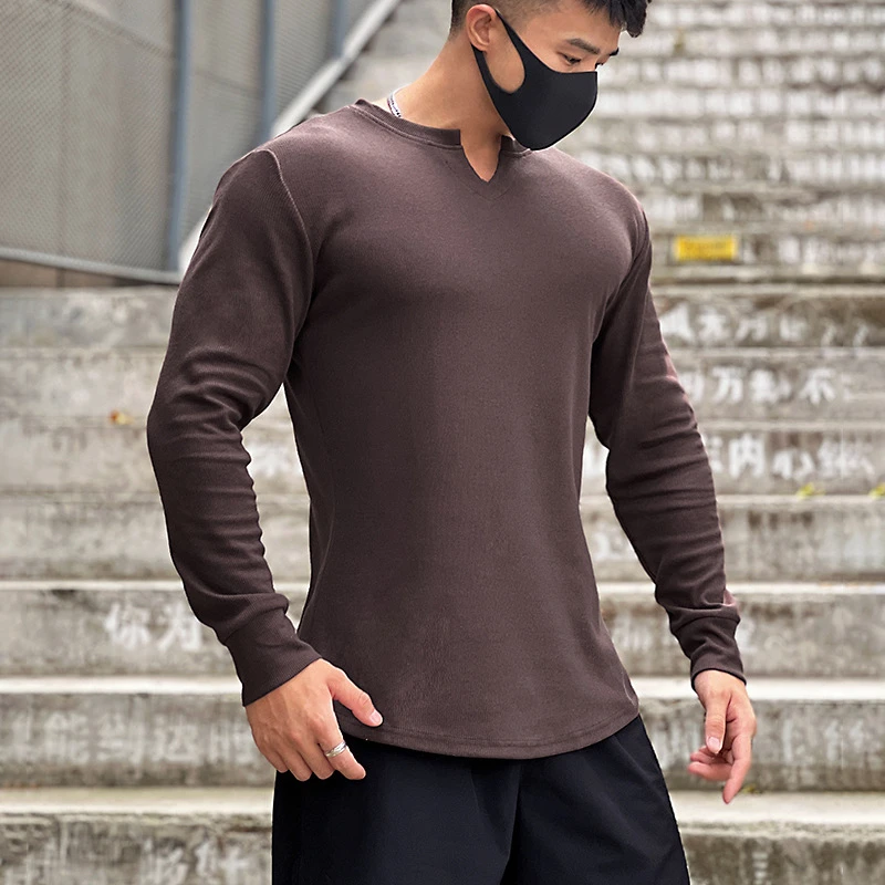 2022 Solid Color V-neck Fitness Cotton Long-sleeved Men's High Elastic Slim T-shirt Sports Running Training Quick-drying Tights