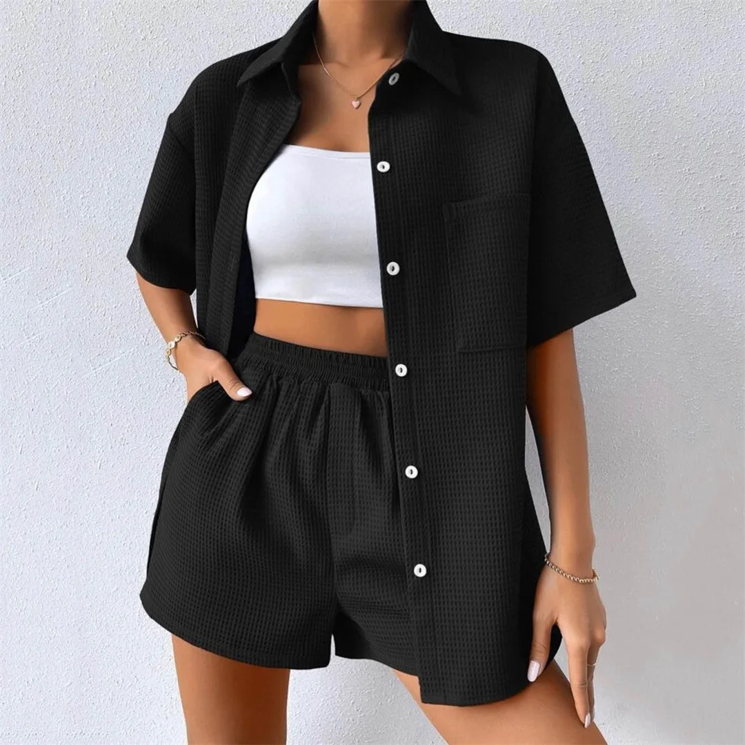 High Waist Shorts Suits Women's Clothes Summer Female Tops Turn Down Collar Short Sleeve Pockets Button Tops Casual 2 Pieces Set