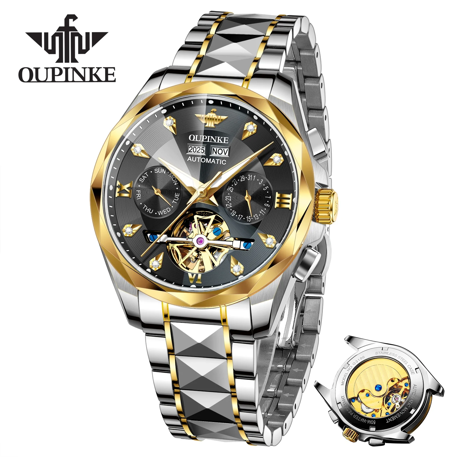 OUPINKE 3316 Men's Watch Original Classic Waterproof Rhombus Mirror Mechanical Watch For Men Hollow Auto Date Luxury Wristwatch
