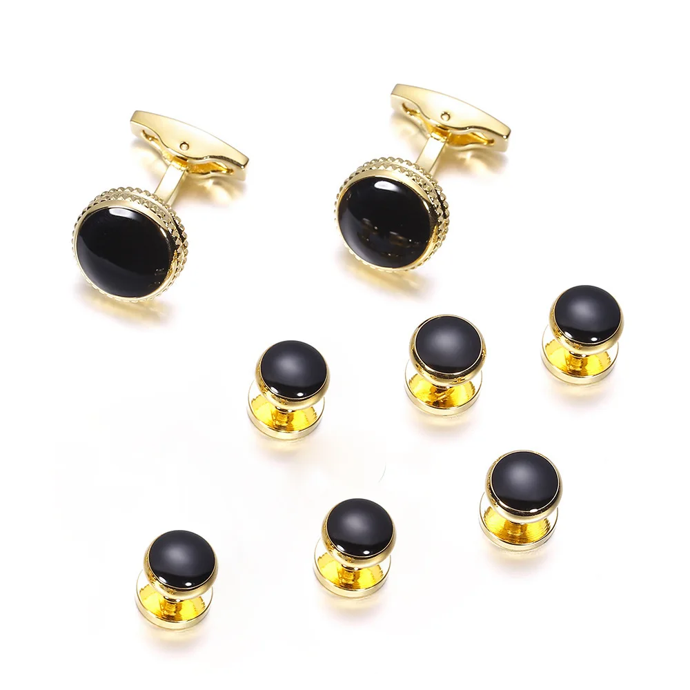 Cufflinks for Men TOMYE XK23021 Fashion Classic Black Golden Round 8 Pieces Set Formal Casual Dress Shirt Cuff Links Gifts