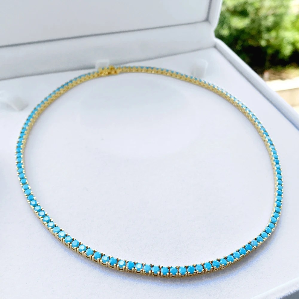 New High Quality Gold Color Plated 3MM Turquoise Stone Paved Tennis Chain Necklace For Women Girls Fashion Jewelry Choker
