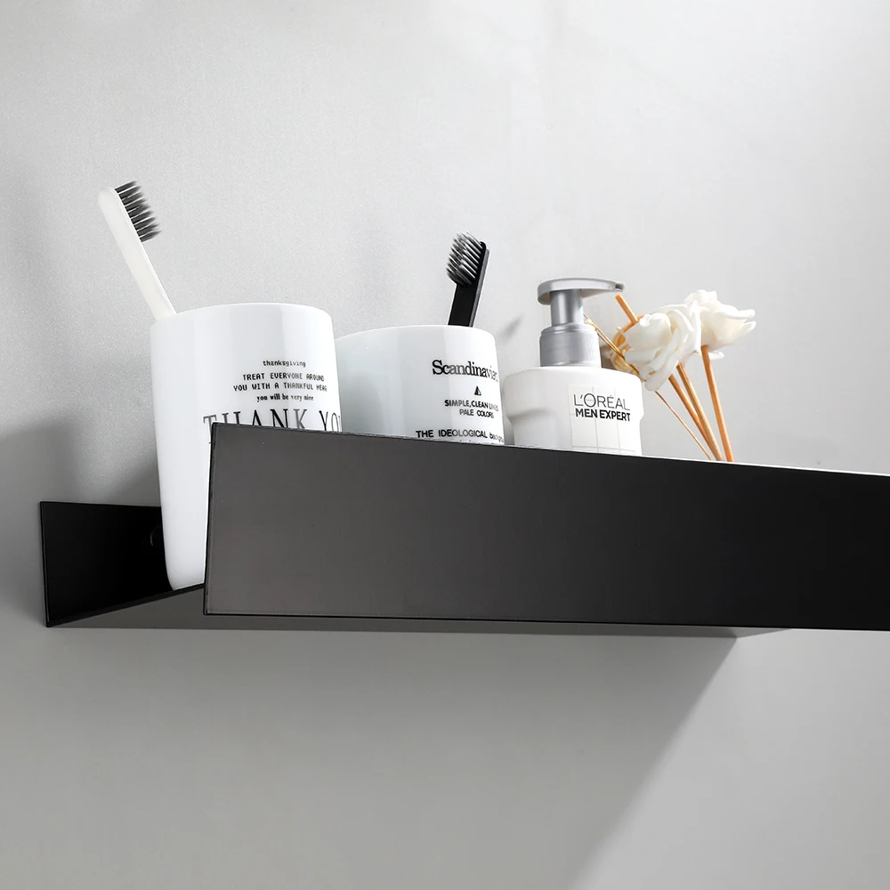 Modern Minimalist Aluminum Alloy Black Spray Paint Bathroom Accessories Single Layer Bathroom Shelves Perforated Installation