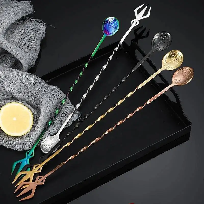 New 1/4pcs Long Handle Cocktail Mixing Spoon Fork Stainless Steel Whisky Stir Rod Bartender Muddlers Kitchen Bar Accessories