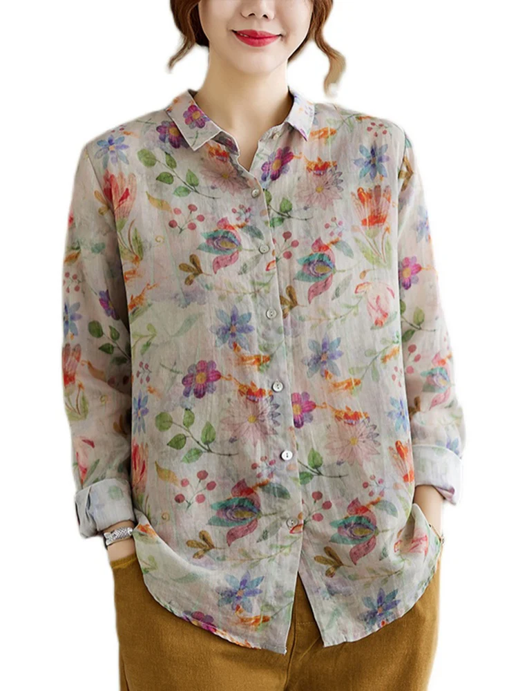 2025 Spring Autumn Fashion Cotton Linen Floral Blouse Women Button Cardigan Shirt Top Female Chemises Elegant Casual Clothes