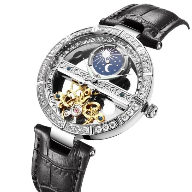 

Original Genuine Women's Watch Hollowed Out Skeleton Fully Automatic Watches Luminous Fashion Elegant Leather Strap Lady Watch